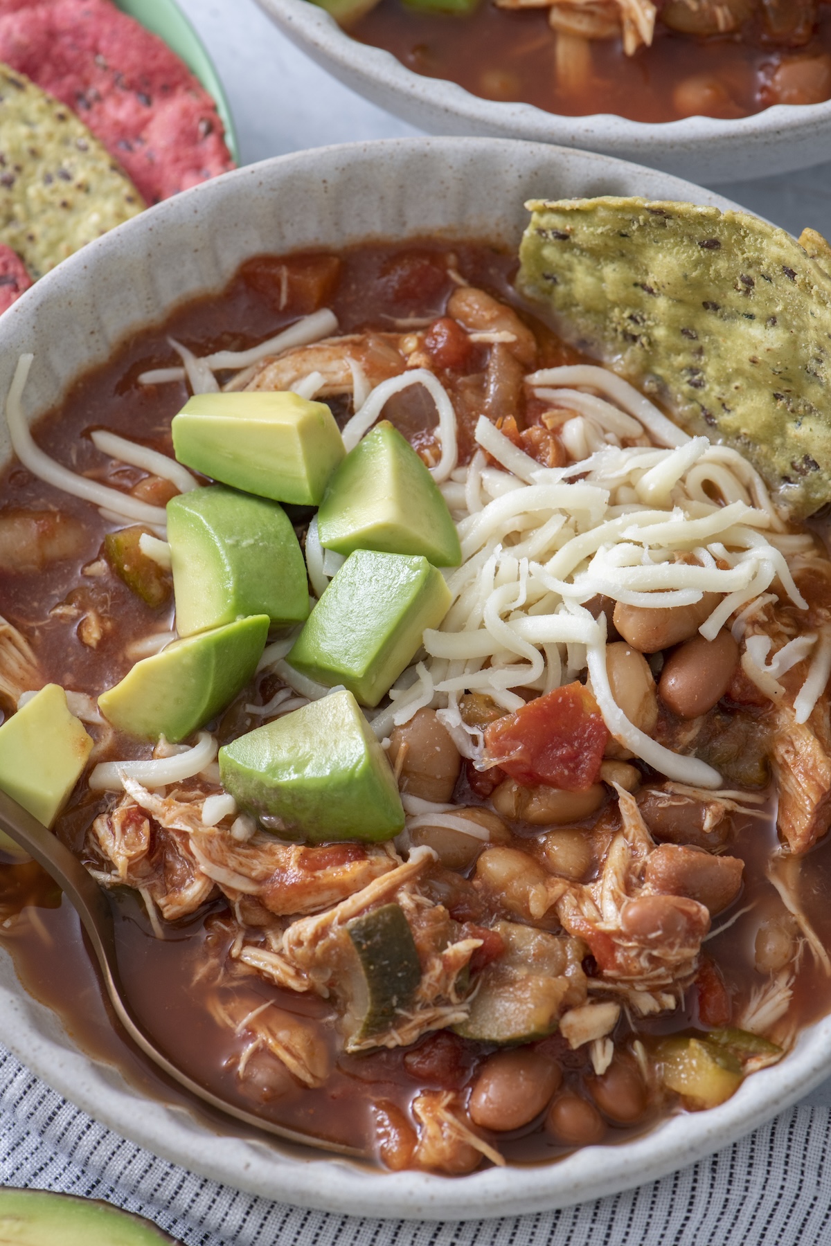 Slow cooker chicken chili in a bowl.