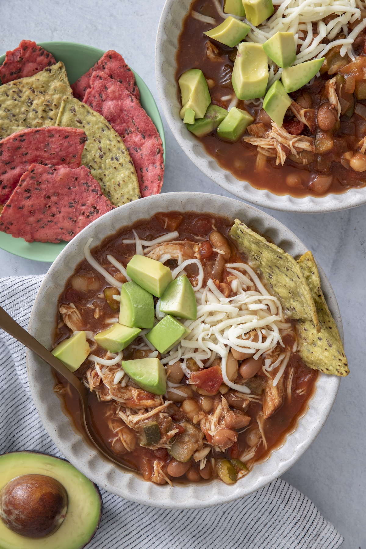 Slow cooker chicken chili in a serving bowl.