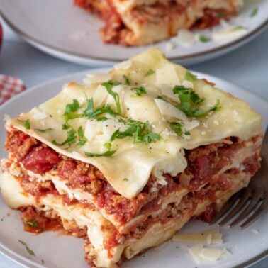 Slow cooker 12 layer lasagna on a plate.