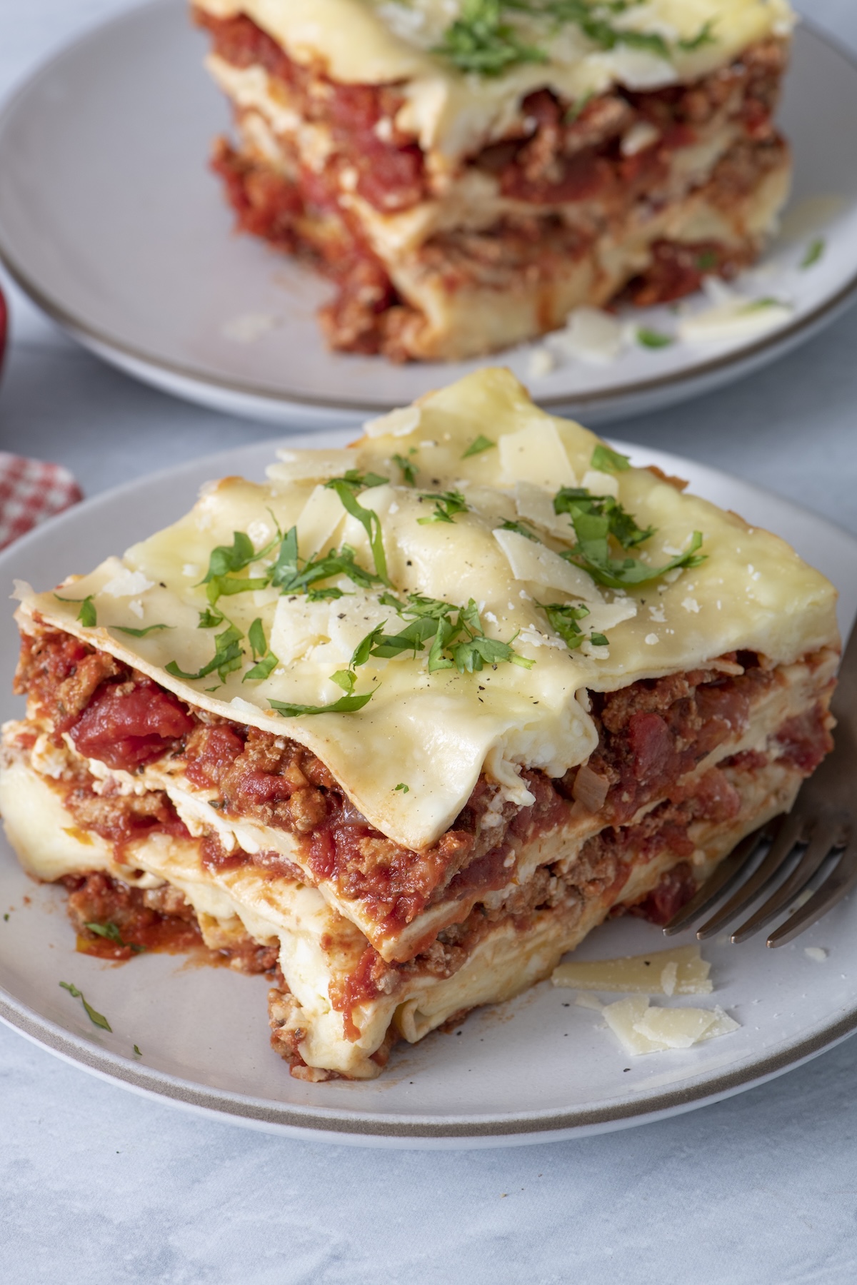 Slow cooker 12 layer lasagna on a plate.