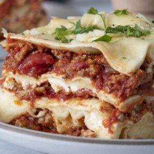 Slow cooker 12 layer lasagna on a plate.