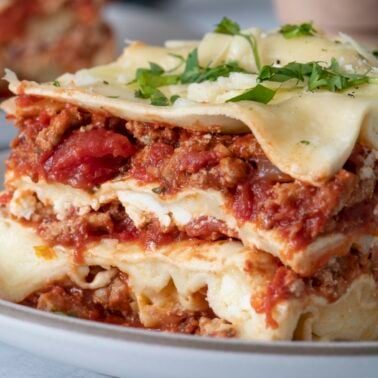 Slow cooker 12 layer lasagna on a plate.