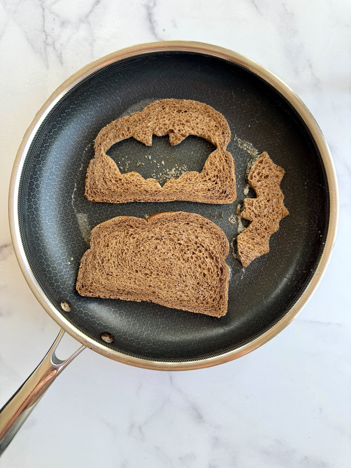Toasting bread in a pan.