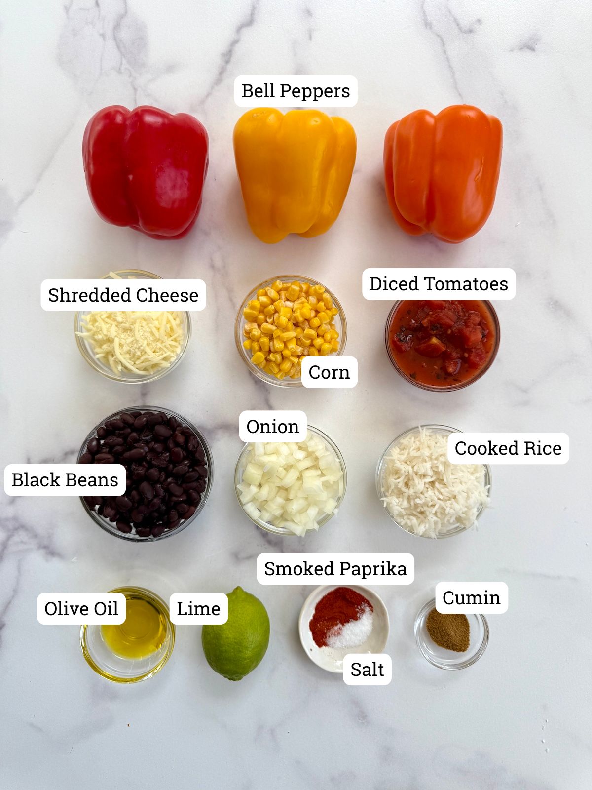 Ingredients for vegetarian stuffed peppers.