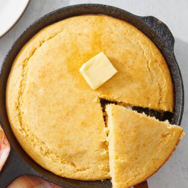 Basic cornbread recipe in a cast iron skilet.