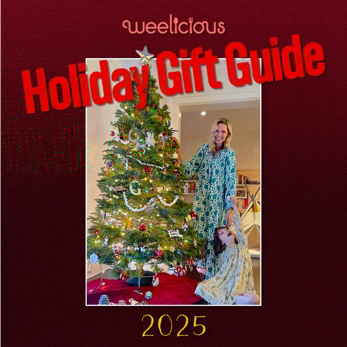 Image of a woman decorating a Christmas tree with the text Holiday Gift Guide overlaid.