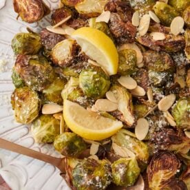 Roasted Brussels sprouts with Parmesan cheese and lemon.