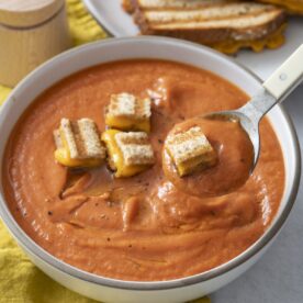 Roasted tomato soup in a bowl.