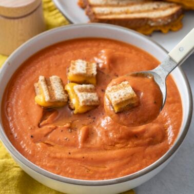 Roasted tomato soup in a bowl.