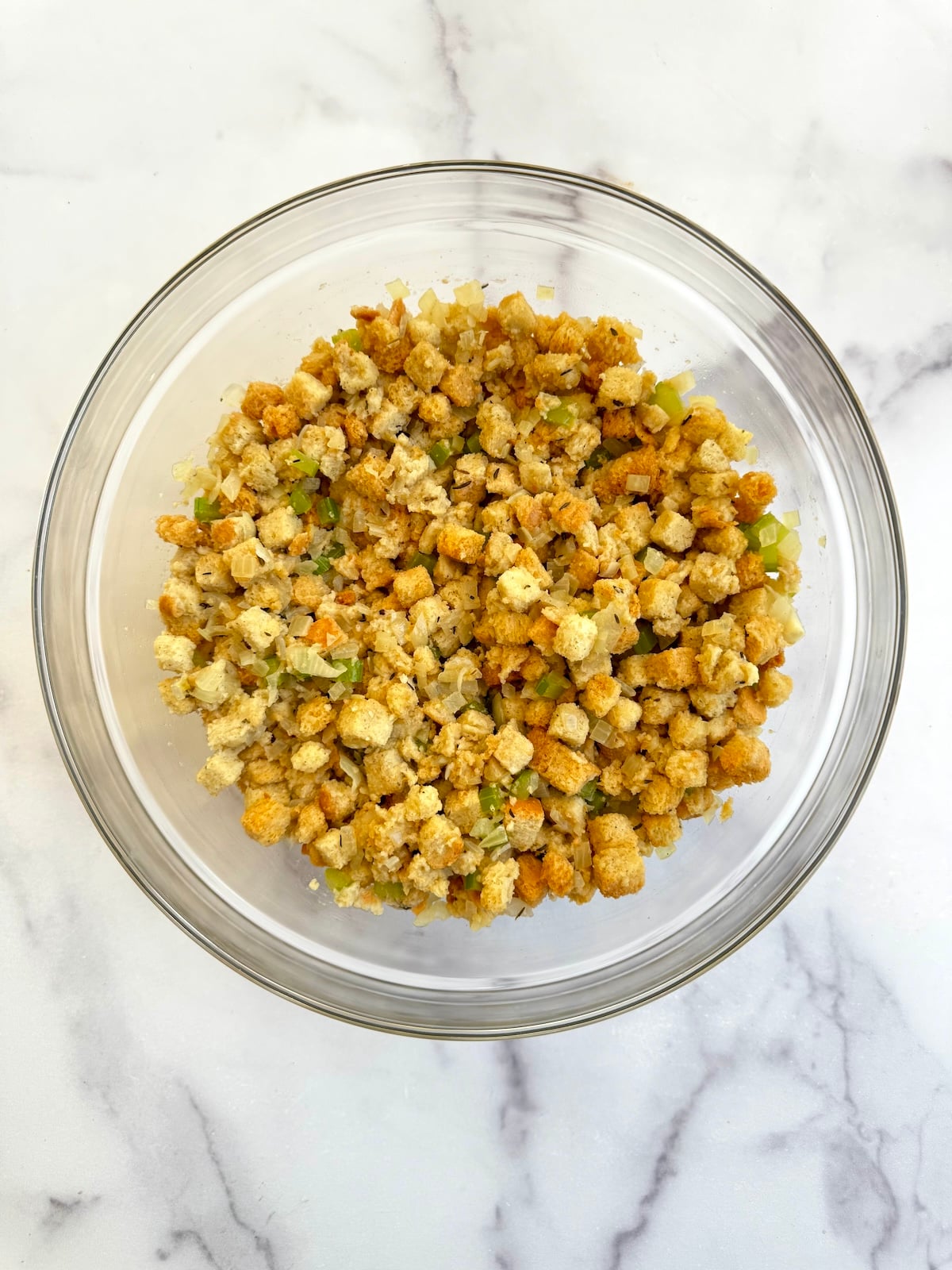Simple stuffing ingredients in a mixing bowl.