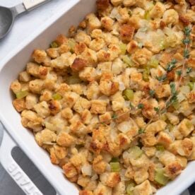 Super simple stuffing in a baking dish.