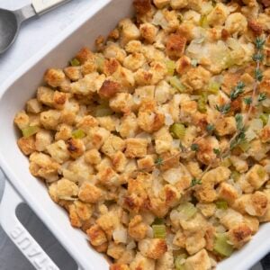 Super simple stuffing in a baking dish.