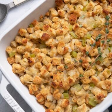 Super simple stuffing in a baking dish.