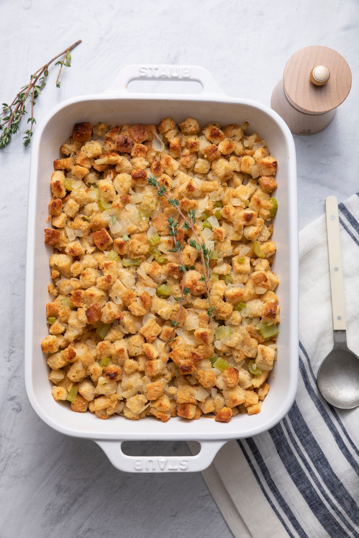 Super simple stuffing in a casserole dish.