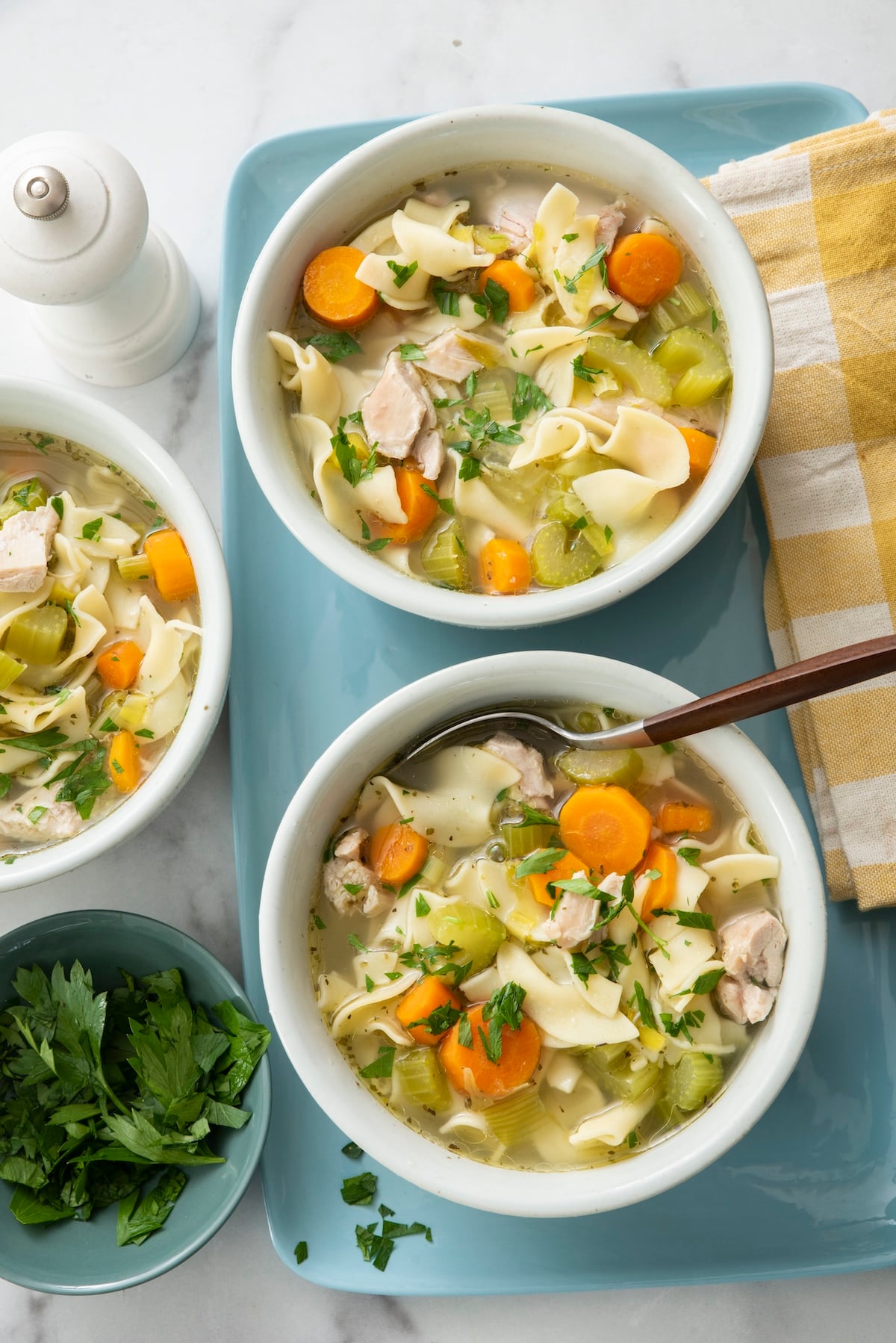 Two bowls of stovetop chicken noodle soup.