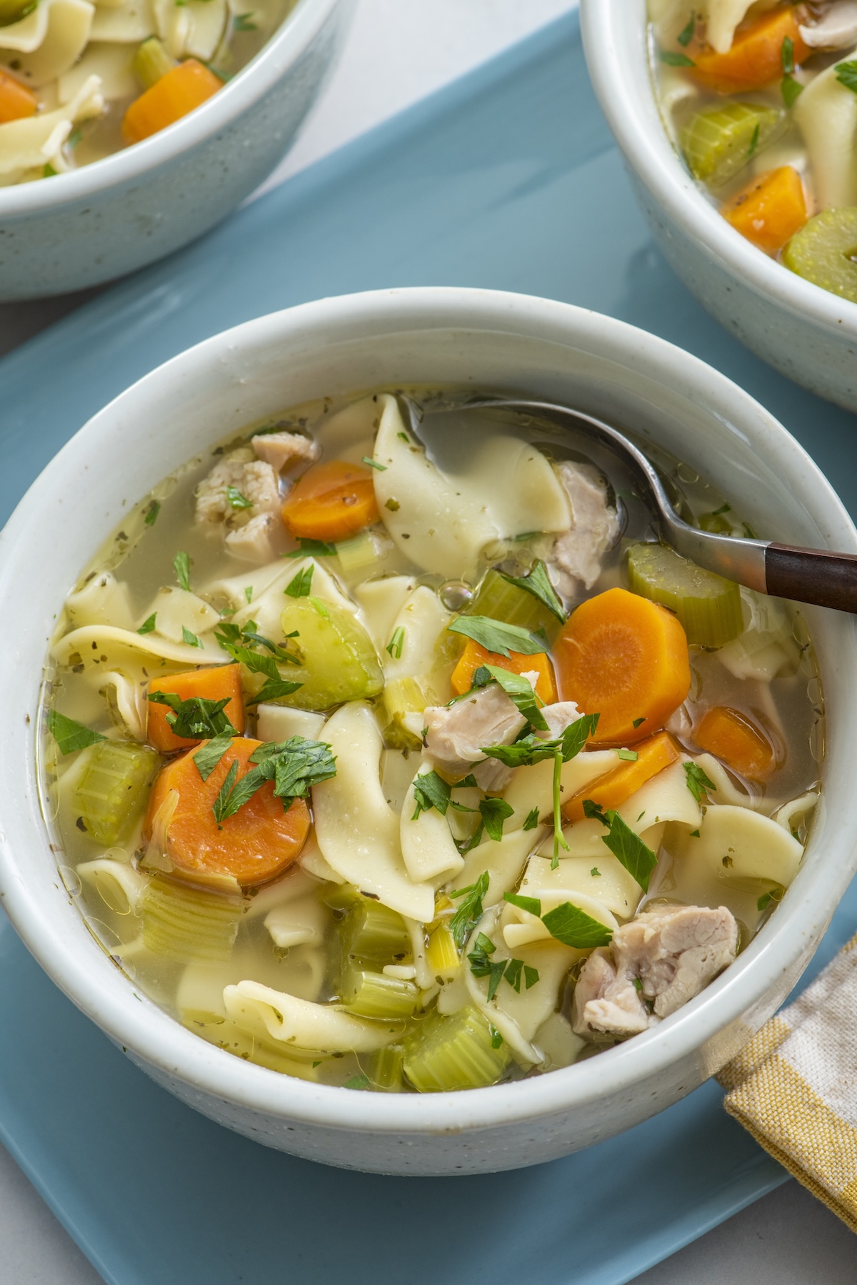 A warm bowl of chicken noodle soup.