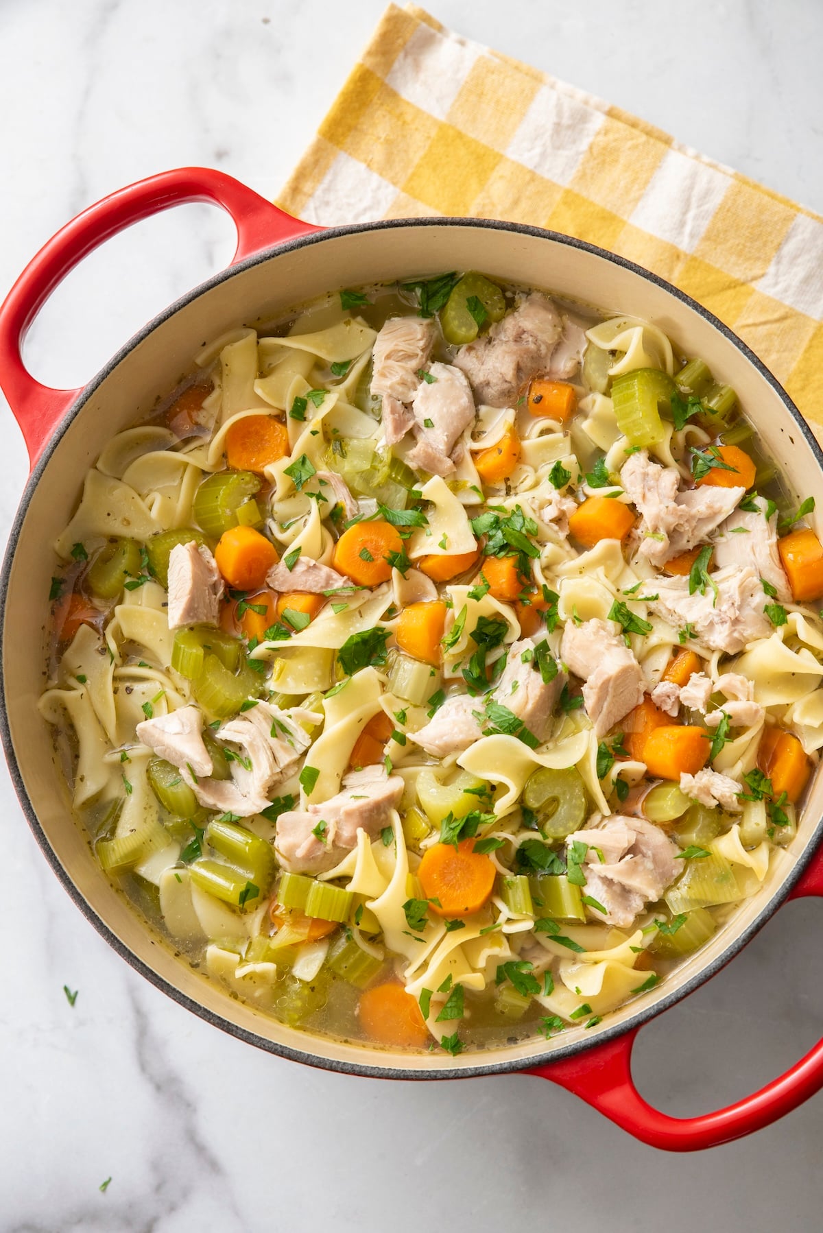 Chicken noodle soup in a pot.