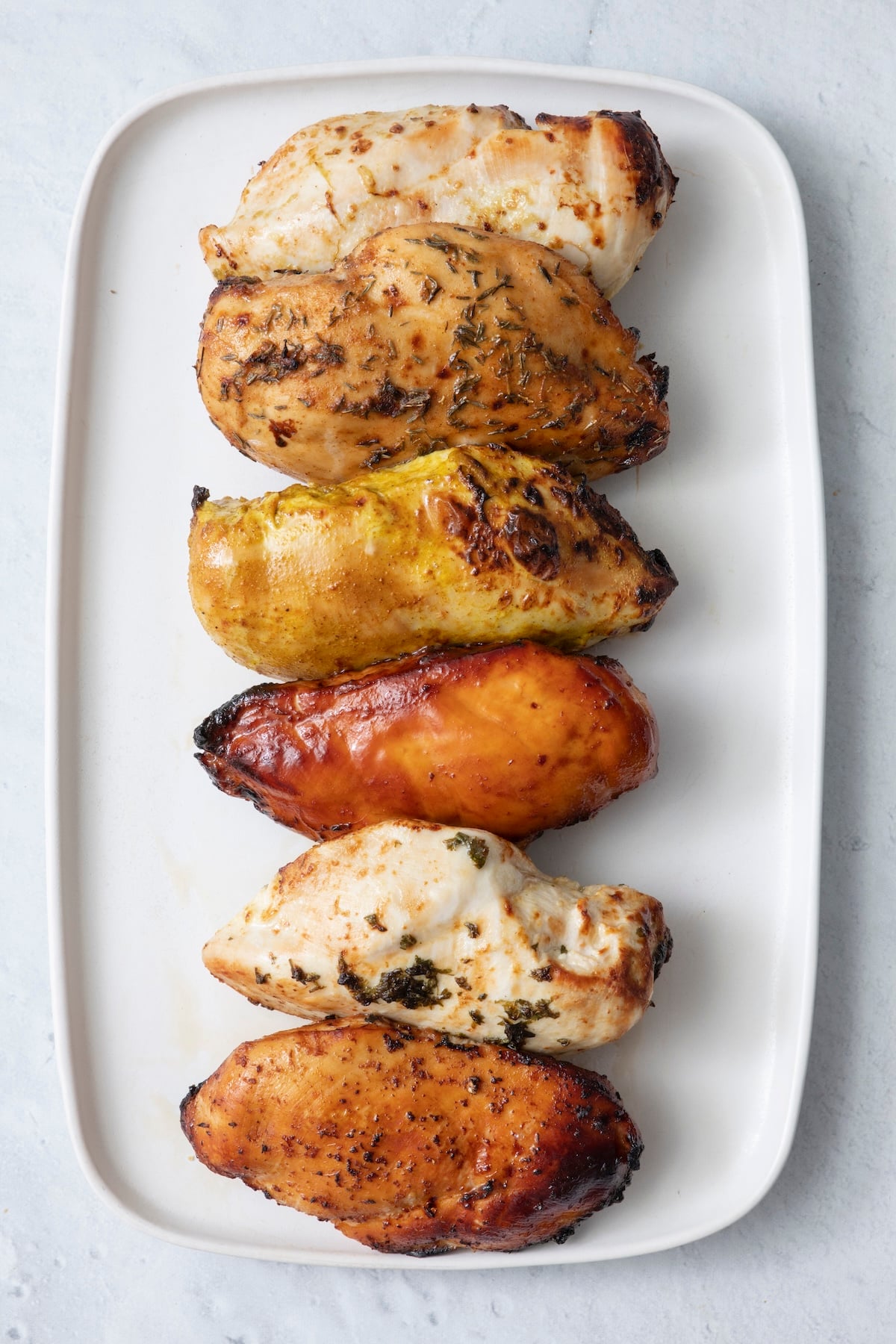 Chicken breast marinated six ways.