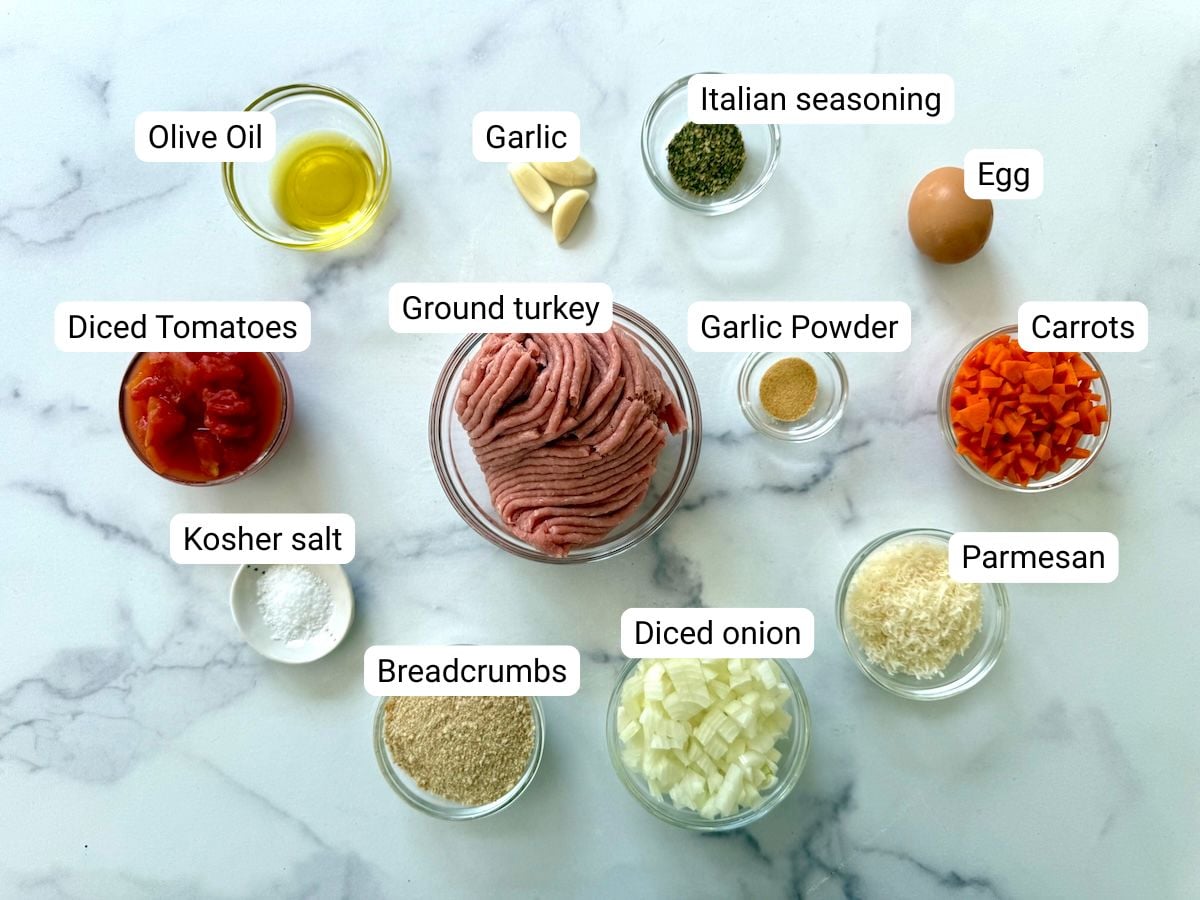 Ingredients needed for spaghetti and turkey meatballs.