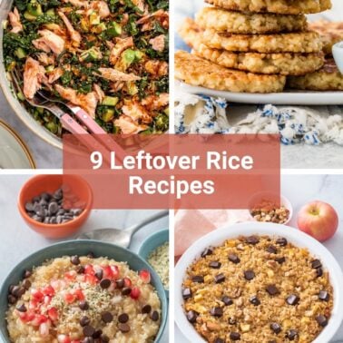 A collage of four leftover rice recipes including crispy rice salmon salad, brown rice cakes, leftover rice pudding, and breakfast rice bake.