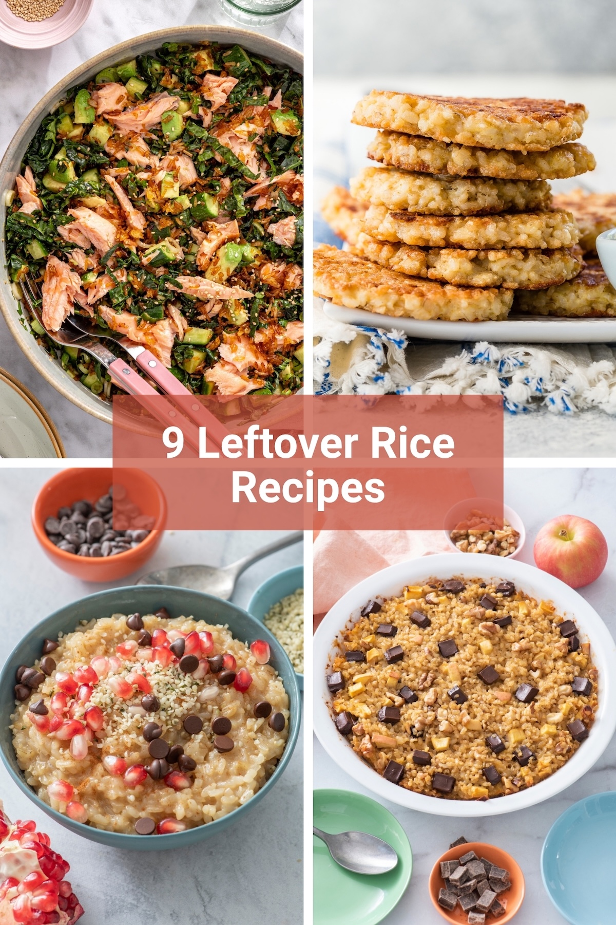 A collage of four leftover rice recipes including crispy rice salmon salad, brown rice cakes, leftover rice pudding, and breakfast rice bake.