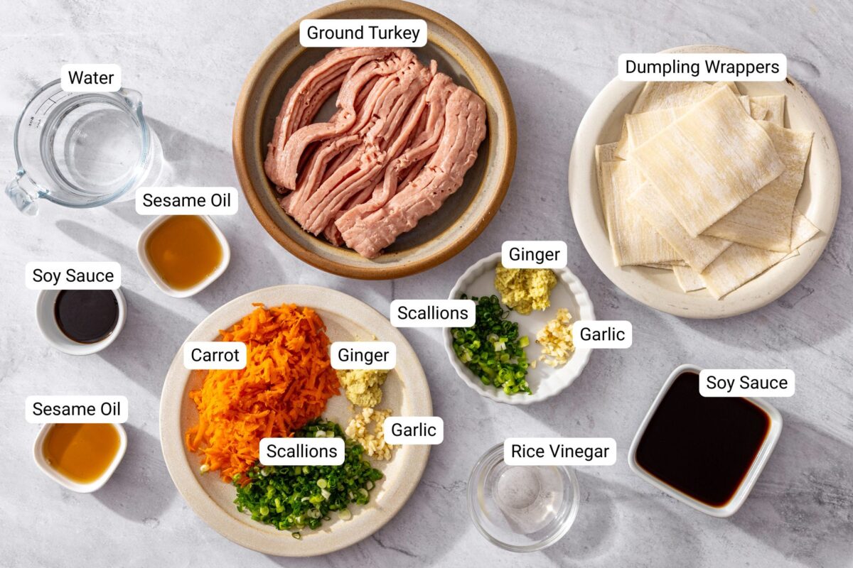 Ingredients for blanket dumplings including ground turkey, dumpling wrappers, grated carrot, scallions, ginger, garlic, soy sauce, sesame oil, and water.