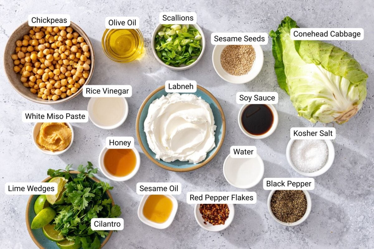 A variety of labeled ingredients in bowls and dishes on a gray surface, including chickpeas, cabbage, labneh, herbs, spices, sauces, and oils, arranged neatly for a recipe.